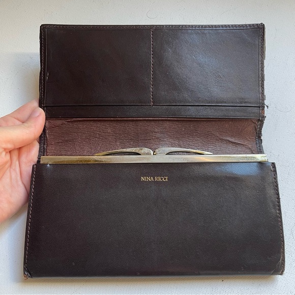 Nina Ricci Brown Leather Printed Long Wallet Kiss Lock Cards ID Holder - Picture 4 of 9